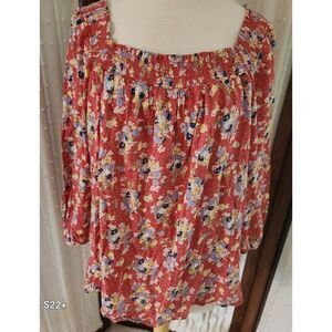 F89 Chaps orange and floral blouse w smocking around the neckline